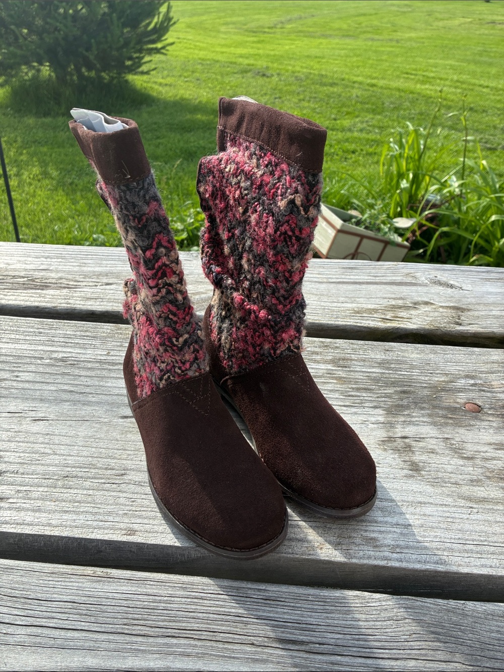 Toms Brown Suede Boots with Pink Multi-Knit Shaft